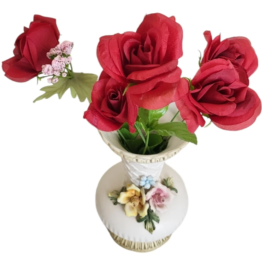 9.5” Vintage Capodimonte Italy Vase Lattice Hand-Applied Roses Flowers Round Urn
